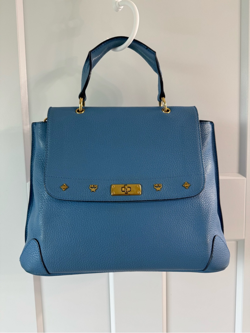 MCM Blue Leather Top-Handle Satchel with Gold Hardware